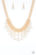 Load image into Gallery viewer, A collection of classic and imperfect white pearls dangle from a web of interlocking gold links below the collar, adding a modern twist to the timeless palette. Features an adjustable clasp closure. Sold as one individual necklace. Includes one pair of matching earrings.
