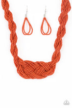Load image into Gallery viewer, Countless strands of orange seed beads are twisted and knotted together to create an unforgettable statement piece. Features an adjustable clasp closure. Sold as one individual necklace. Includes one pair of matching earrings.
