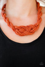 Load image into Gallery viewer, Countless strands of orange seed beads are twisted and knotted together to create an unforgettable statement piece. Features an adjustable clasp closure.  Sold as one individual necklace. Includes one pair of matching earrings.
