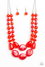 Load image into Gallery viewer, Varying in shape and opacity, a refreshing collection of glassy and iridescent red beads layer below the collar for a boldly colorful look. Features an adjustable clasp closure. Sold as one individual necklace. Includes one pair of matching earrings.
