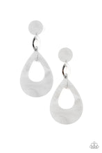 Load image into Gallery viewer, Brushed in a faux marble finish, a white acrylic teardrop links to a matching acrylic fitting as it swings from the ear for a summery look. Marble variation is normal. Earring attaches to a standard post fitting. Sold as one pair of post earrings.
