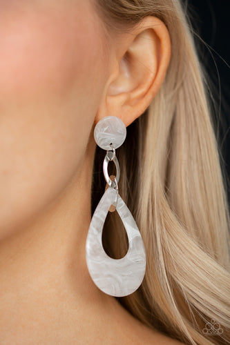 Brushed in a faux marble finish, a white acrylic teardrop links to a matching acrylic fitting as it swings from the ear for a summery look. Marble variation is normal. Earring attaches to a standard post fitting. Sold as one pair of post earrings.