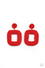 Load image into Gallery viewer, Shiny rows of dainty red seed beads adorn the front of a rounded square frame at the bottom of a matching beaded fitting, creating a blissfully beaded look. Earring attaches to a standard post fitting.  Sold as one pair of post earrings.
