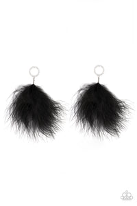 A fuzzy black feather swings from the bottom of a white rhinestone encrusted silver ring, creating a refined lure. Earring attaches to a standard post fitting. Sold as one pair of post earrings.