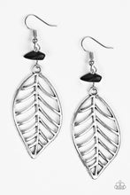 Load image into Gallery viewer, An airy silver leaf swings from the bottom of a shiny black pebble, creating a seasonal lure. Earring attaches to a standard fishhook fitting.  Sold as one pair of earrings.
