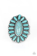 Load image into Gallery viewer, Refreshing turquoise stones are pressed into a studded silver frame, coalescing into a whimsical floral centerpiece atop the finger. Features a stretchy band for a flexible fit. Sold as one individual ring.
