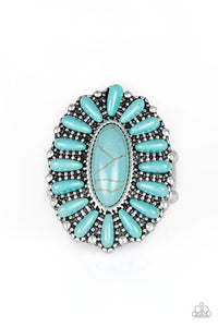 Refreshing turquoise stones are pressed into a studded silver frame, coalescing into a whimsical floral centerpiece atop the finger. Features a stretchy band for a flexible fit. Sold as one individual ring.