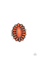 Load image into Gallery viewer, Vivacious orange stones are pressed into a studded silver frame, coalescing into a whimsical floral centerpiece atop the finger. Features a stretchy band for a flexible fit.  Sold as one individual ring.
