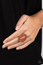 Load image into Gallery viewer, Vivacious orange stones are pressed into a studded silver frame, coalescing into a whimsical floral centerpiece atop the finger. Features a stretchy band for a flexible fit.  Sold as one individual ring.

