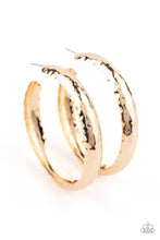 Load image into Gallery viewer, A thick piece of gold has been heavily hammered and delicately curved into a dramatically handcrafted hoop. Earring attaches to a standard post fitting. Hoop measures approximately 2 ½” in diameter.  Sold as one pair of hoop earrings.
