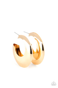 Two flat gold crescent frames delicately connect into a hollowed out hoop for a dramatic finish. Earring attaches to a standard post fitting. Hoop measures approximately 2 3/4" in diameter.  Sold as one pair of hoop earrings.
