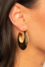 Load image into Gallery viewer, Two flat gold crescent frames delicately connect into a hollowed out hoop for a dramatic finish. Earring attaches to a standard post fitting. Hoop measures approximately 2 3/4&quot; in diameter.  Sold as one pair of hoop earrings.
