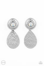 Load image into Gallery viewer, A hammered silver teardrop dangles from the bottom of an ornate silver disc that is dotted with a dreamy opal beaded center. Earring attaches to a standard clip-on fitting. Sold as one pair of clip-on earrings.
