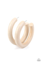 Load image into Gallery viewer, Painted in a shiny white finish, a thick wooden frame dramatically curls into an oversized hoop for a colorfully retro look. Earring attaches to a standard post fitting. Hoop measures approximately 2 1/2" in diameter.  Sold as one pair of hoop earrings.
