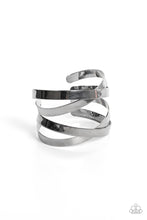 Load image into Gallery viewer, Brushed in a high-sheen finish, two sets of flat gunmetal bands crisscross over the wrist as they wrap into a lustrous cuff giving off an industrial vibe.  Sold as one individual bracelet.
