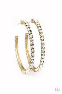 Encrusted in glassy white rhinestones, a textured brass hoop curls around the ear for a refined look. Earring attaches to a standard post fitting. Hoop measures 1 3/4" in diameter. Sold as one pair of hoop earrings.