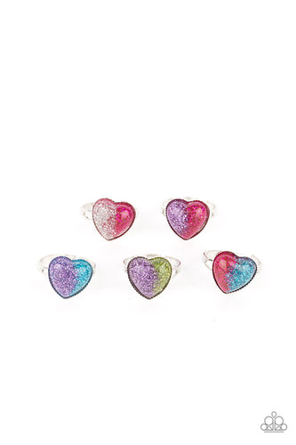 Rings in assorted colors and heart shapes. Split into two colors, the glittery heart frames vary in shades of white, pink, purple, blue, and green.