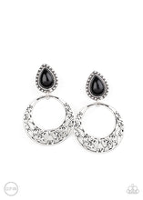 Load image into Gallery viewer, Filled with vine-like filigree, an airy silver hoop dangles from the bottom of a studded silver frame dotted with a black teardrop bead for a whimsical fashion. Earring attaches to a standard clip-on fitting.  Sold as one pair of clip-on earrings.
