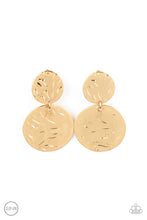 Load image into Gallery viewer, Varying in size, hammered gold discs link into a rippling lure. Earring attaches to a standard clip-on fitting.  Sold as one pair of clip-on earrings.
