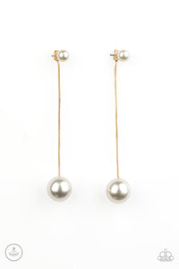Attached to a sleek gold chain, an oversized white pearl delicately swings from the bottom of a classic white pearl, adding a timeless twist to the elegant display. Earring attaches to a standard post fitting.  Sold as one pair of post earrings.