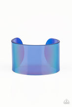 Load image into Gallery viewer, Featuring a holographic shimmer, a thick blue acrylic cuff wraps around the wrist for a retro inspired fashion.  Sold as one individual bracelet.
