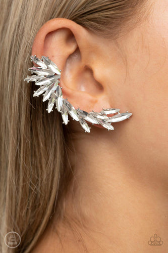 An explosion of marquise-cut white rhinestones delicately climb the ear, coalescing into an icy frame. Earring attaches to a standard post fitting. Features a clip-on fitting at the top for a secure fit.  Sold as one pair of ear climbers.