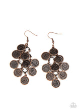 Load image into Gallery viewer, Featuring floral detail, stenciled copper frames cascade from a copper netted backdrop as they delicately overlap into a whimsical lure. Earring attaches to a standard fishhook fitting.  Sold as one pair of earrings.
