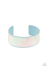 Load image into Gallery viewer, Featuring an iridescently foiled finish, a blue leather band delicately curls into a colorfully retro cuff around the wrist for a stellar fashion.  Sold as one individual bracelet.
