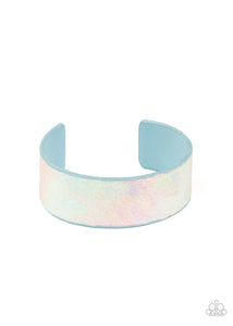 Featuring an iridescently foiled finish, a blue leather band delicately curls into a colorfully retro cuff around the wrist for a stellar fashion.  Sold as one individual bracelet.