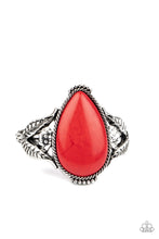 Load image into Gallery viewer, Encased in a silver rope-like frame, an oversized red teardrop stone is pressed into the center of an airy silver cuff abloom with leafy floral designs.  Sold as one individual bracelet.
