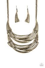 Load image into Gallery viewer, Stamped in sections of vine-like patterns, abstract hammered plates and overlapping brass bars link into an exaggerated pendant below the collar for a statement-making look. Features an adjustable clasp closure.  Sold as one individual necklace. Includes one pair of matching earrings.

