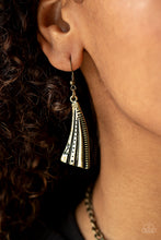 Load image into Gallery viewer, Textured brass metal hanging from a brass fish hook earring.
