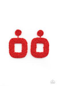 Fiery rows of dainty red seed beads adorn the front of a rounded square frame at the bottom of a matching beaded fitting, creating a blissfully beaded look. Earring attaches to a standard post fitting.  Sold as one pair of post earrings.