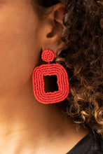 Load image into Gallery viewer, Fiery rows of dainty red seed beads adorn the front of a rounded square frame at the bottom of a matching beaded fitting, creating a blissfully beaded look. Earring attaches to a standard post fitting.  Sold as one pair of post earrings.
