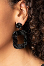 Load image into Gallery viewer, Shiny rows of dainty black seed beads adorn the front of a rounded square frame at the bottom of a matching beaded fitting, creating a blissfully beaded look. Earring attaches to a standard post fitting.  Sold as one pair of post earrings.
