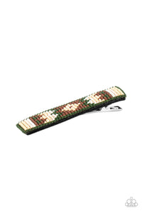 A dainty collection of Military Olive, Fired Brick, white, Almond Oil, and Rose Tan beads delicately embellish the front of a black frame, stacking into a colorful textile pattern. Features a standard hair clip on the back.  Sold as one individual hair clip.