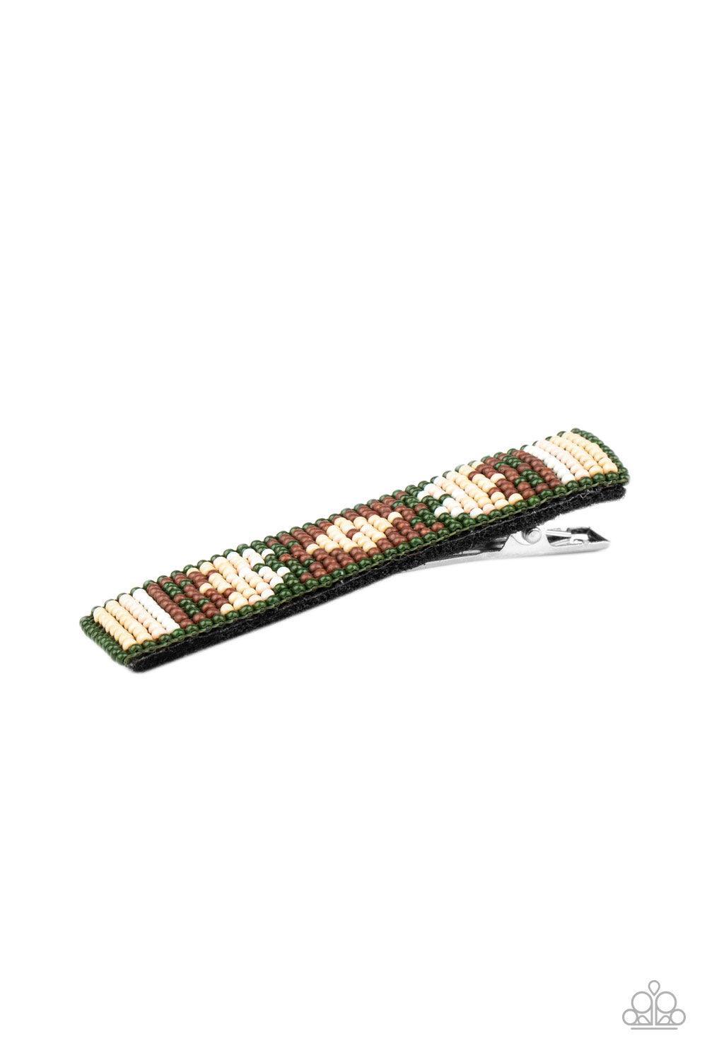 A dainty collection of Military Olive, Fired Brick, white, Almond Oil, and Rose Tan beads delicately embellish the front of a black frame, stacking into a colorful textile pattern. Features a standard hair clip on the back.  Sold as one individual hair clip.