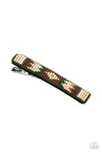 Load image into Gallery viewer, A dainty collection of Military Olive, Fired Brick, white, Almond Oil, and Rose Tan beads delicately embellish the front of a black frame, stacking into a colorful textile pattern. Features a standard hair clip on the back.  Sold as one individual hair clip.
