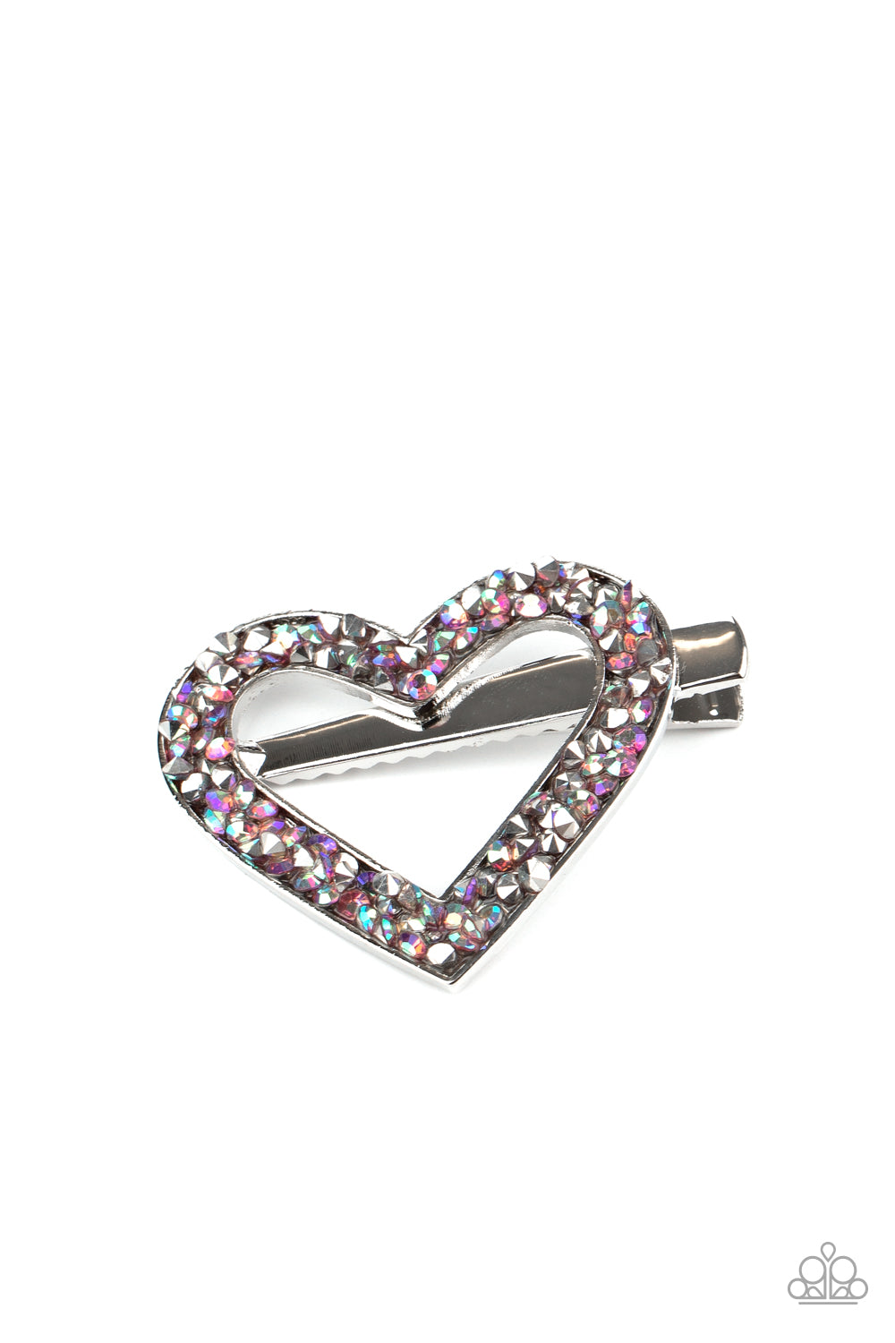 A glittery collision of hematite and purple iridescent rhinestones scatter across the front of a shiny silver heart frame for a colorful look. Features a standard hair clip on the back.  Sold as one individual hair clip.