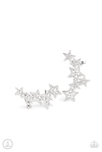 Load image into Gallery viewer, A stellar display of white rhinestone encrusted stars curve up the ear, coalescing into a sparkle-spangled statement piece. Earring attaches to a standard post fitting. Features a clip-on fitting on the back for a secure fit.  Sold as one pair of ear crawlers.
