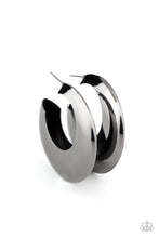 Load image into Gallery viewer, Two flat gunmetal crescent frames delicately connect into a hollowed out hoop for a dramatic finish. Earring attaches to a standard post fitting. Hoop measures approximately 2 3/4&quot; in diameter.  Sold as one pair of hoop earrings.
