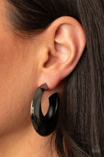 Load image into Gallery viewer, Two flat gunmetal crescent frames delicately connect into a hollowed out hoop for a dramatic finish. Earring attaches to a standard post fitting. Hoop measures approximately 2 3/4&quot; in diameter.  Sold as one pair of hoop earrings.
