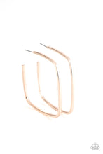 Load image into Gallery viewer, A glistening rose gold bar delicately bends into an edgy square-like hoop for a trendy look. Earring attaches to a standard post fitting. Hoop measures approximately 2 1/4&quot; in diameter.  Sold as one pair of hoop earrings.
