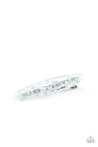 Speckled in silver shavings, an oval acrylic frame pulls back the hair for a colorfully retro look. Features a standard hair clip on the back.  Sold as one individual hair clip.
