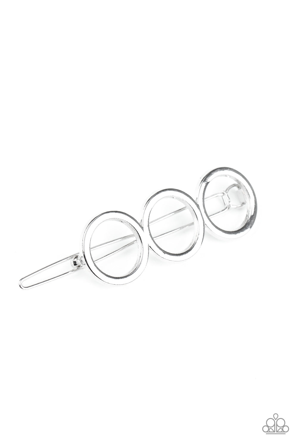 A trio of silver rings delicately connect into an airy minimalist inspired frame. Features a clamp barrette closure.  Sold as one individual hair clip.