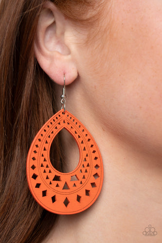 Painted in a vivacious Amberglow finish, a wooden teardrop has been cut into a diamond and triangular stenciled pattern for a tribal inspired flair. Earring attaches to a standard fishhook fitting.  Sold as one pair of earrings.