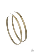 Load image into Gallery viewer, An antiqued brass hoop curls into an exaggerated curve for a rustic finish. Earring attaches to a standard post fitting. Hoop measures approximately 2 3/4&quot; in diameter.  Sold as one pair of hoop earrings.
