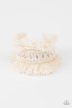 Load image into Gallery viewer, Twine-like thread decoratively knots around an airy silver cuff, creating a macramé inspired fringe around the wrist.  Sold as one individual bracelet.
