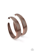 Load image into Gallery viewer, Lined in antiqued ridges, a thick copper hoop curls around the ear for an authentically rustic look. Earring attaches to a standard post fitting. Hoop measures approximately 2 ¼” in diameter.  Sold as one pair of hoop earrings.
