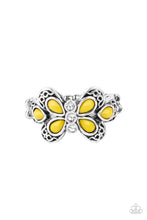Load image into Gallery viewer, Featuring a white rhinestone encrusted center, a yellow beaded silver butterfly adorns the finger for a colorfully whimsical look. Features a dainty stretchy band for a flexible fit.  Sold as one individual ring.

